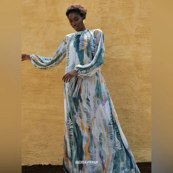 Andrea Iyamah | Dresses | Nwt Andrea Iyamah Sade Cover Up Chiffon Maxi Dress  Size Sm Us 6 Bluegold | Poshmark